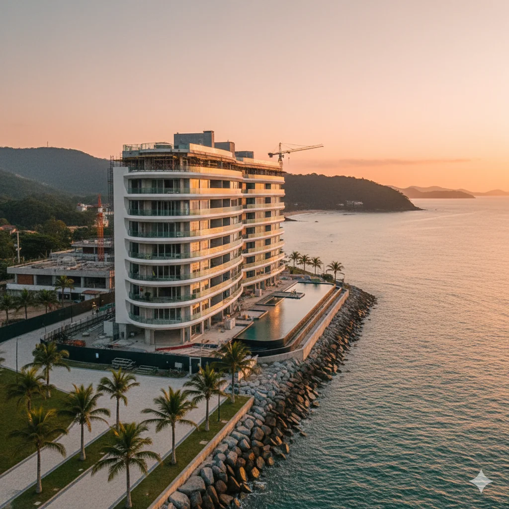 Edifício moderno no litoral ao pôr do sol — serviços Vivenda Construtora